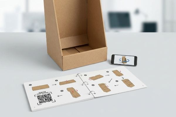 Visual assembly guides for a cardboard display stand, with 