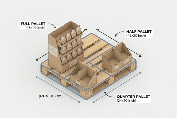 Wooden pallet with Full Pallet (48x40 inch) display of pouches, Half Pallet (48x20 inch), and Quarter Pallet (24x20 inch) retail units.
