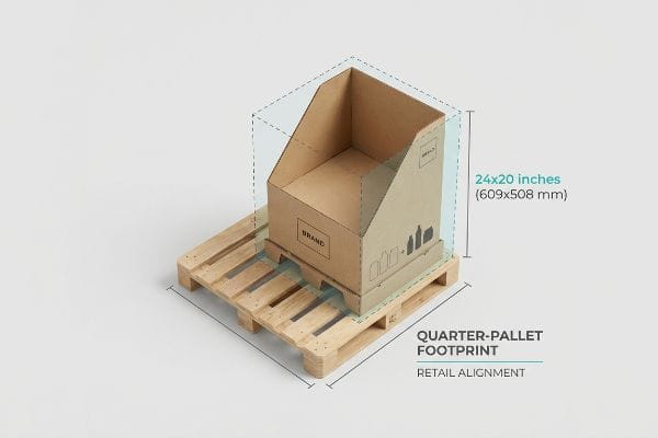 Corrugated cardboard quarter-pallet display, 24x20 inches (609x508 mm), on a wooden pallet, showcasing retail alignment with a 'Brand' label.