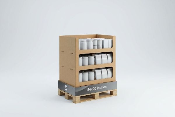 Brown corrugated quarter-pallet POP display, 24x20 inches, filled with white products, on a wooden pallet with recycling symbol.