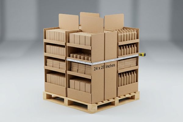 A corrugated cardboard quarter pallet display, filled with product boxes and bottles, sits on a wooden pallet, measured at 24 x 20 inches.
