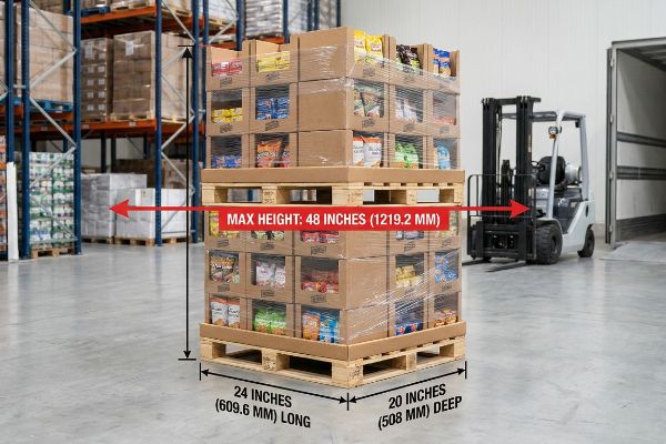 A double-stacked quarter pallet display, filled with snack bags, highlights its precise measurements: 24 Inches (609.6 Mm) Long, 20 Inches (508 Mm) Deep, and Max Height: 48 Inches (1219.2 Mm) for efficient logistics.