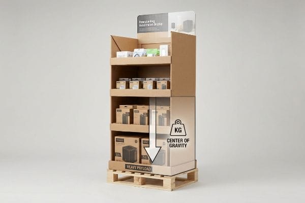 Brown cardboard freestanding retail pallet display on a wooden pallet, highlighting 'KG Center of Gravity' and 'Heavy Payload' with boxed products.