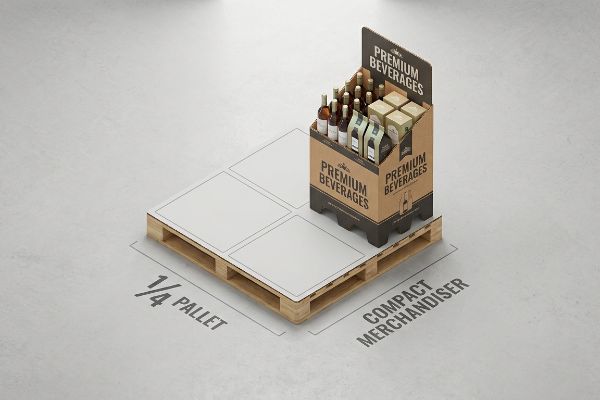 A compact merchandiser display filled with Premium Beverages bottles and boxes, positioned on a 1/4 pallet.