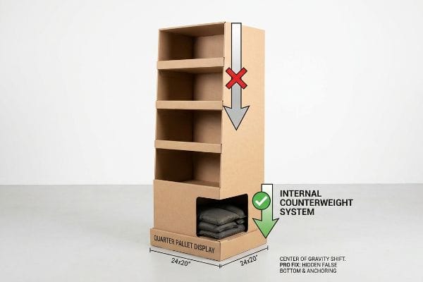 Brown corrugated quarter pallet display, 24x20 inches, with Internal Counterweight System and sandbags for stability.