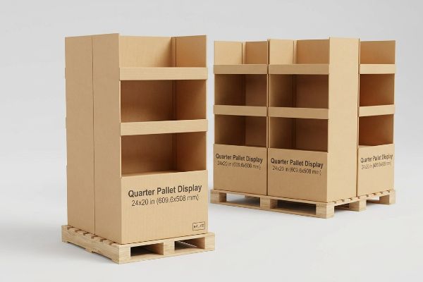 Corrugated cardboard quarter pallet displays, 24x20 inches (609.6x508 mm), on wooden pallets, ready for retail merchandising.