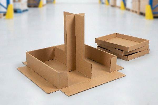 Zusammenbau eines Viertelpalettendisplays aus Wellpappe mit zentraler, tragender Trennwand und gestapelten modularen Produkttrays.