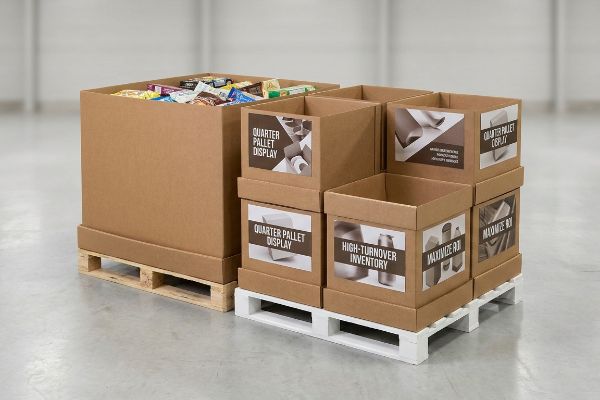 Brown corrugated Quarter Pallet Display bins on a white pallet, labeled 'High-Turnover Inventory' and 'Maximize ROI', next to a large snack-filled bin.