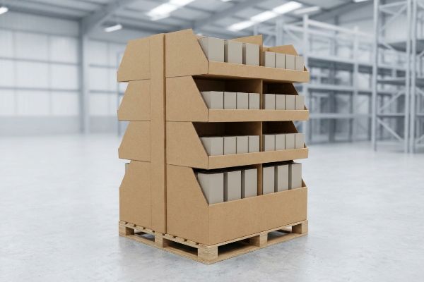 A corrugated quarter-pallet display, featuring multiple tiers filled with small product boxes, is positioned on a wooden pallet within a warehouse.