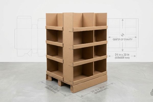 Ein leeres Viertelpalettendisplay aus Wellpappe mit den Maßen 24x20 Zoll (609x508 mm) steht vor einem weißen Hintergrund mit einer Kartonstanze und einem Schwerpunktdiagramm.