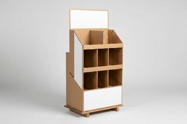 Brown corrugated cardboard quarter-pallet POP display featuring six empty compartments and white header, side, and base panels.