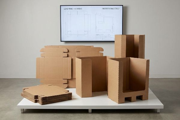 Prototyping custom quarter pallet displays: flat cardboard, assembled units, 'Lead Time 4-6 Weeks', 'Prototyping Stage'.