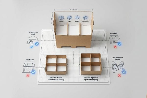 A brown cardboard display unit, 48-inch width, illustrates the 4 P's: Product, Price, Place, Promotion. Below, two smaller units show Quarter-Pallet Fractional Scaling and Retailer-Specific Spatial Mapping for various stores.