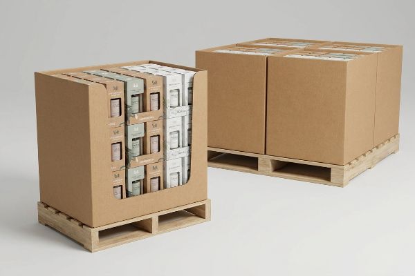 Présentoir quart de palette en carton ondulé avec boîtes de produits parfumés (Sel + Mer, Lavande), à ​​côté d'un quart de palette de cartons d'expédition bruns sur des bases en bois.