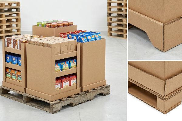 Corrugated cardboard quarter pallet displays with packaged food on a wooden pallet, highlighting engineered structural bases for fractional merchandising.