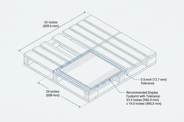 Isometric diagram of a 24-inch pallet, showing a 23.5 x 19.5-inch display footprint with 0.5-inch tolerance.