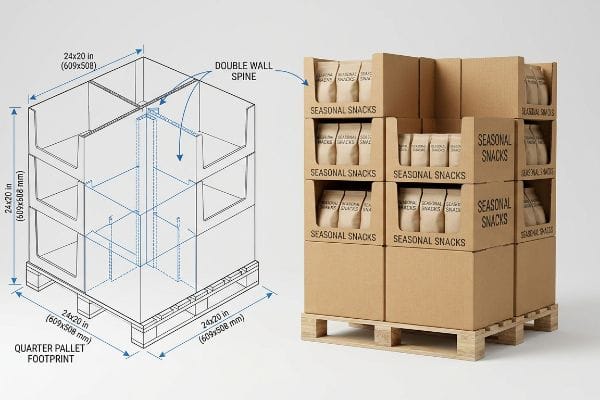 Corrugated quarter pallet display blueprint and assembled unit, detailing 24x20 inch (609x508 mm) footprint, Double Wall Spine, and Seasonal Snacks.