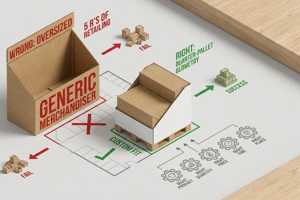 A cardboard infographic contrasts an Oversized Generic Merchandiser failing the 5 R's of Retailing with a Custom Fit Quarter-Pallet Geometry succeeding.