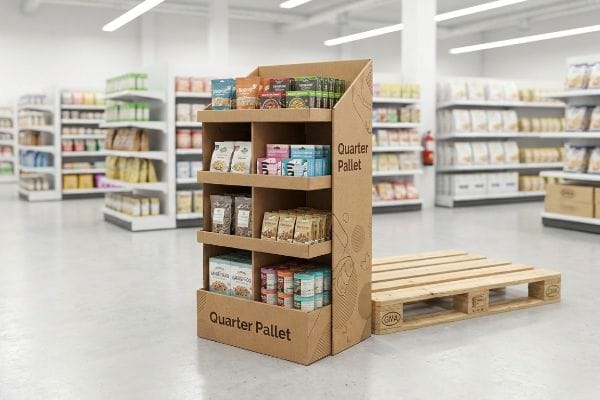 Corrugated cardboard Quarter Pallet FSDU display unit filled with packaged food products in a supermarket aisle, next to a wooden GMA pallet.