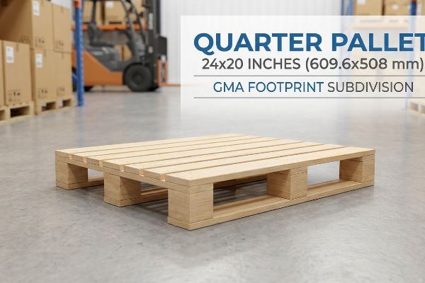 Light-colored wooden Quarter Pallet, 24x20 Inches (609.6x508 mm) GMA Footprint Subdivision, on a warehouse floor.