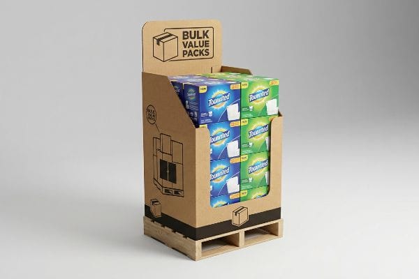 Brown corrugated quarter-pallet merchandiser displaying 'Tounnted' bulk value packs on a wooden base, featuring a 'Bulk Value Packs' header.