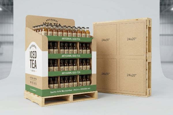 The kraft paper quarter-pallet merchandiser displays Artisanal Iced Tea bottles, alongside a flat-packed pallet showing 