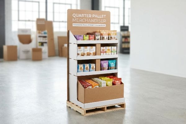 Quarter Pallet Merchandiser Corrugated quarter pallet merchandiser with white shelves, displaying snacks on a wooden pallet. Features 'Quarter Pallet Merchandiser'.