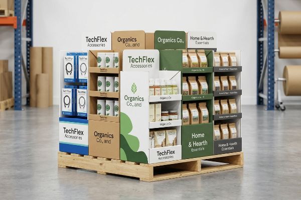 Corrugated cardboard quarter pallet display featuring TechFlex Accessories, Organics Co., and Home & Hearth Essentials products on a wooden pallet in a warehouse.