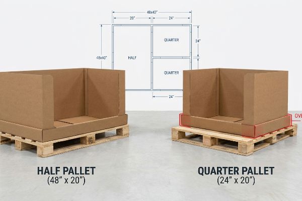 Corrugated Half Pallet (48x20) and Quarter Pallet (24x20) on wooden pallets, with 48x40 blueprint and red overhang.