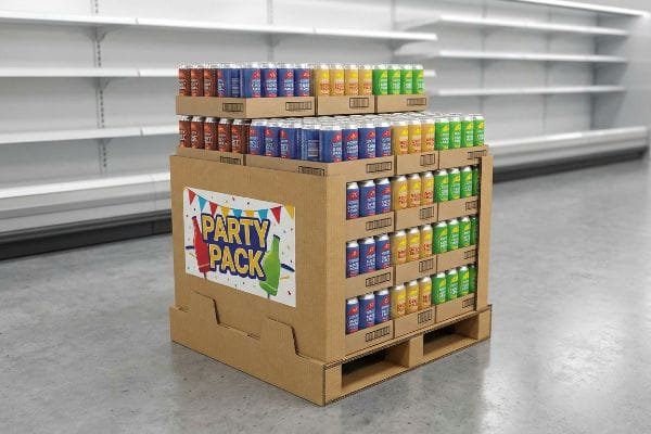 Corrugated fractional pallet display unit filled with assorted beverage cans, featuring a 'Party Pack' sign for retail merchandising.