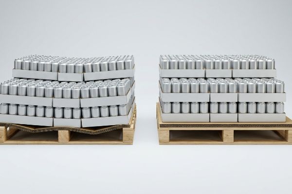 Corrugated quarter pallet display for canned beverages sagging into wooden pallet deck gaps on the left, compared to a stable base with a slip sheet on the right.