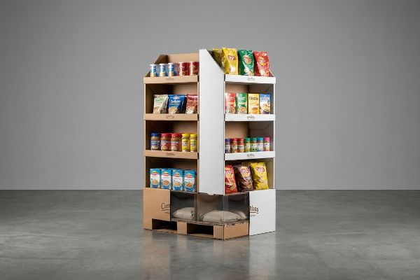 Corrugated Curthless quarter pallet display filled with FMCG products, showing a hidden base with sandbag weights.