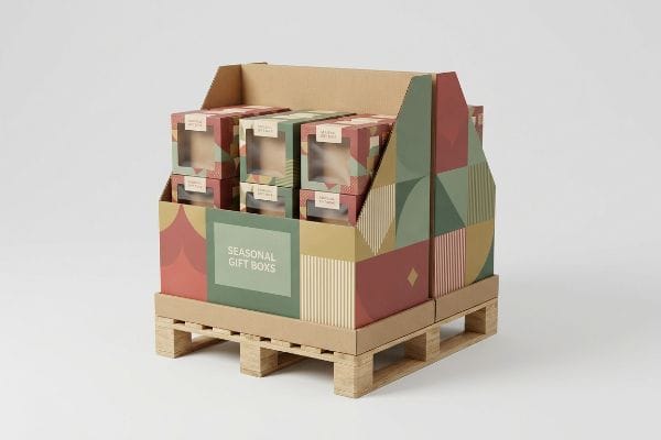Corrugated quarter-pallet display unit showcasing Seasonal Gift Boxes with geometric patterns and clear windows, positioned on a wooden pallet.