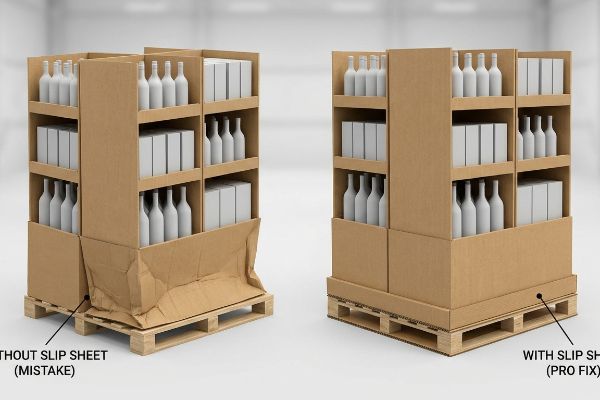 Brown corrugated quarter pallet displays on wooden pallets, contrasting a collapsed 'Without Slip Sheet (Mistake)' unit with a stable 'With Slip Sheet (Pro Fix)' unit, filled with white products.