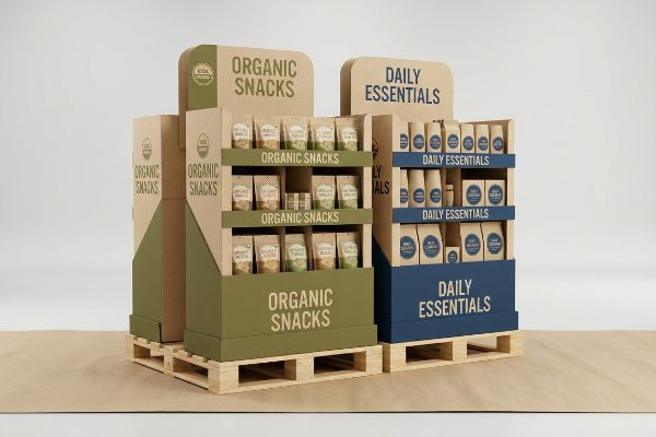 Two quarter-pallet display units, one green and brown for Organic Snacks, the other blue and brown for Daily Essentials, on wooden pallets.