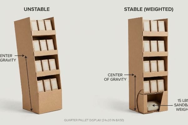Exhibidores de cartón de un cuarto de palé que contrastan una unidad inestable e inclinada con un centro de gravedad alto con una unidad estable (con peso) anclada por un saco de arena de 15 libras en su base de 24x20 pulgadas.