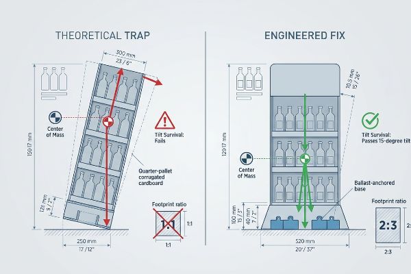 Quarter-pallet display stability: Theoretical Trap (high Center of Mass) fails tilt, Engineered Fix (ballast-anchored base) passes 15-degree tilt.
