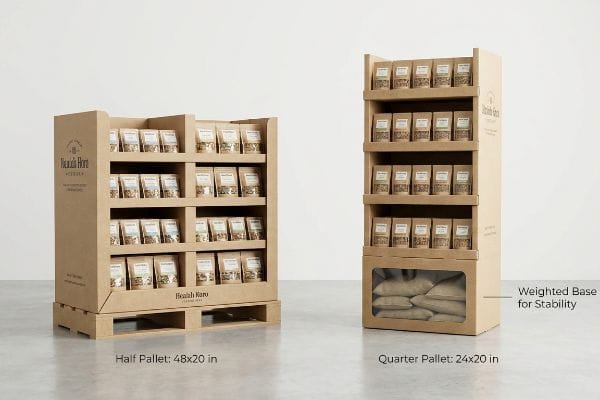 Kraft cardboard half pallet and quarter pallet displays for Hoalah Horn products, showing the weighted base for stability on the narrower unit.