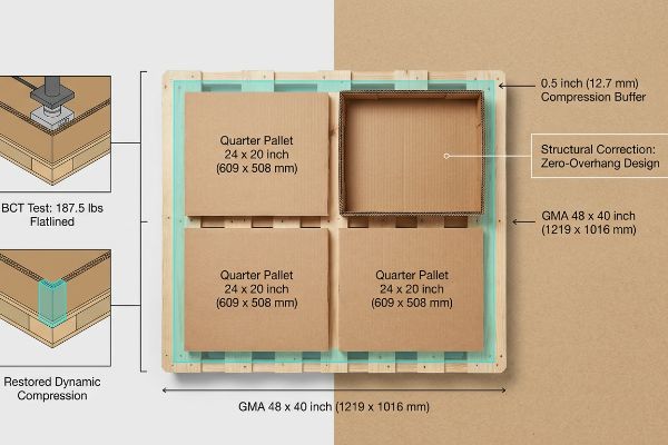 GMA 48x40 Zoll Palettendiagramm mit vier 24x20 Zoll Viertelpaletten, mit detaillierter Darstellung des 0,5-Zoll-Kompressionspuffers, des Designs ohne Überhang und des BCT 187,5 lbs Tests.