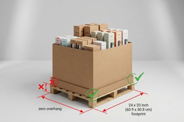 Brown cardboard quarter pallet display with Sojam products on a wooden pallet, showing 24 x 20 inch zero overhang footprint.
