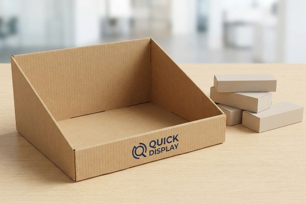 Ein leerer, brauner PDQ-Tablett aus Wellpappe mit Quick Display-Logo steht auf einem Holzschreibtisch, daneben kleine beige Produktkartons.