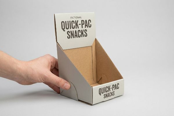 Light gray cardboard PDQ display box with 'Fictional Quick-Pac Snacks' branding, held by a hand, showcasing its retail-ready design.