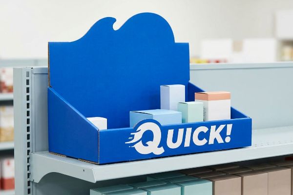 Blue corrugated PDQ display with a die-cut wave header, featuring 