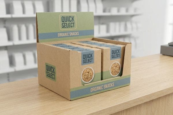 A retail countertop features a brown cardboard Quick Select Organic Snacks PDQ display unit with individual snack boxes.