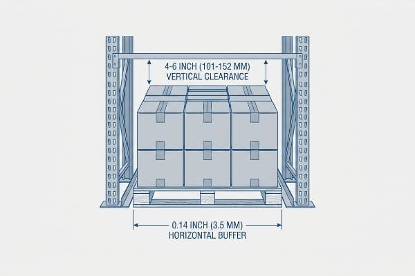 Ilustración técnica de un palé con cajas en una estructura de estanterías, que muestra una holgura vertical de 4 a 6 pulgadas (101 a 152 mm) y un espacio libre horizontal de 0,14 pulgadas (3,5 mm).