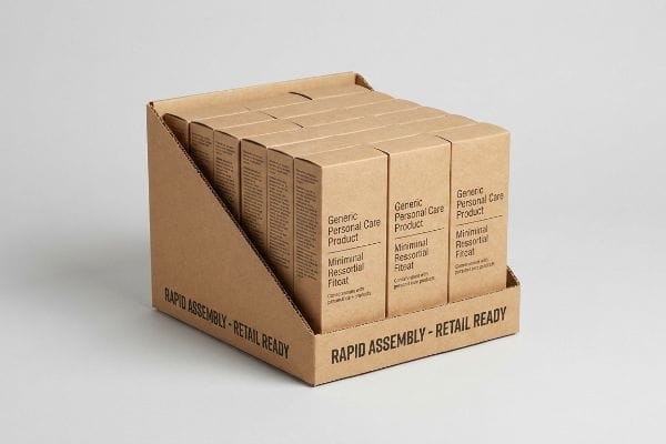 A retail-ready corrugated PDQ display holds multiple brown boxes of Generic Personal Care Product, featuring 