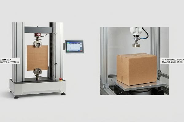 ASTM Raw Material Testing machine evaluating corrugated cardboard and ISTA Finished Product Transit Simulation on a brown packaging box.
