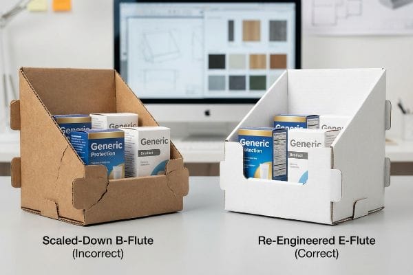 Display Flute Comparison Brown Scaled-Down B-Flute corrugated countertop display (Incorrect) beside a white Re-Engineered E-Flute unit (Correct), showcasing Generic Protection and Product boxes.
