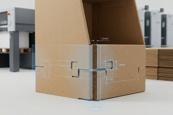 Corrugated cardboard box displaying a 1.2mm humidity buffer in interlocking receiving slots, preventing swollen flute crushing.