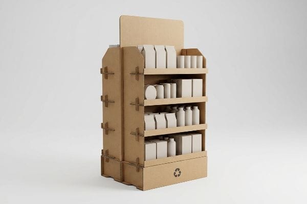 Showcasing a brown corrugated cardboard end cap display with multiple shelves, holding generic white product packaging and a recycling symbol.